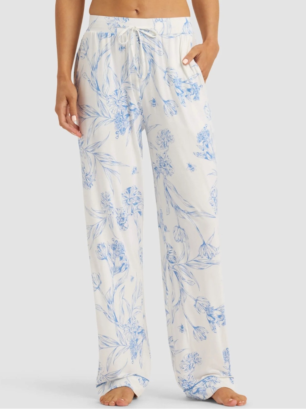 Lightweight Wide-Leg Pajama Pants Ultra Soft Bamboo— White with Blue Floral
